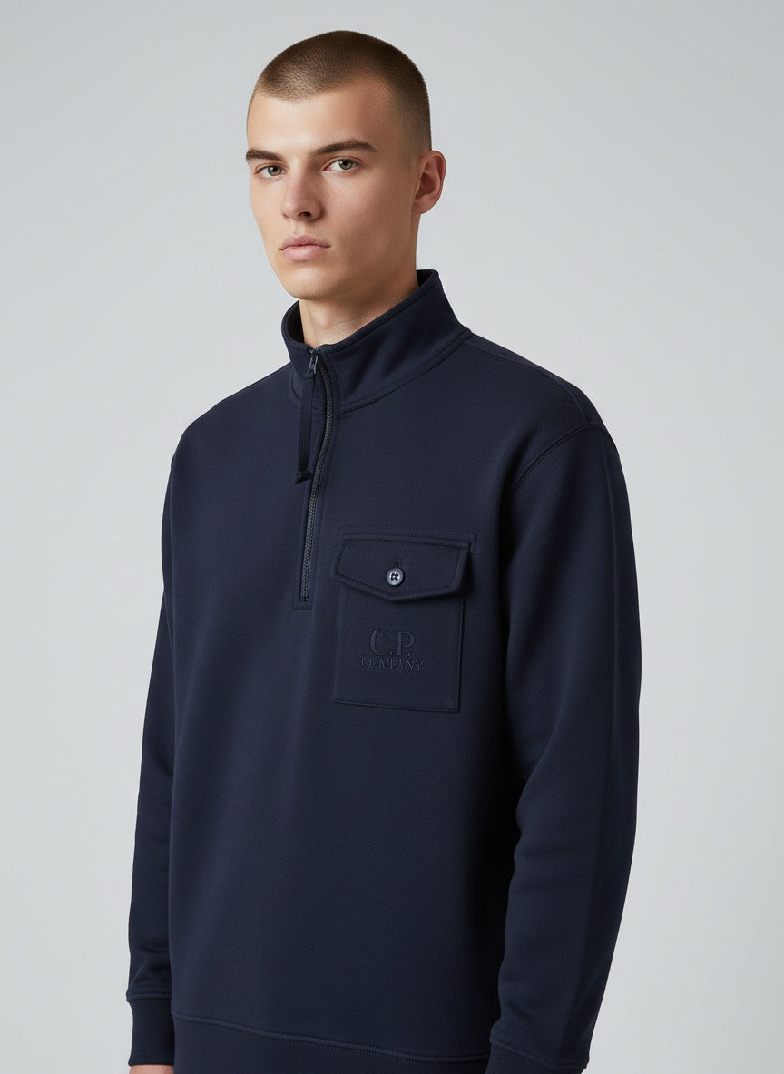 Halv Zip Sweater Diagonal Raised Fleece Navy
