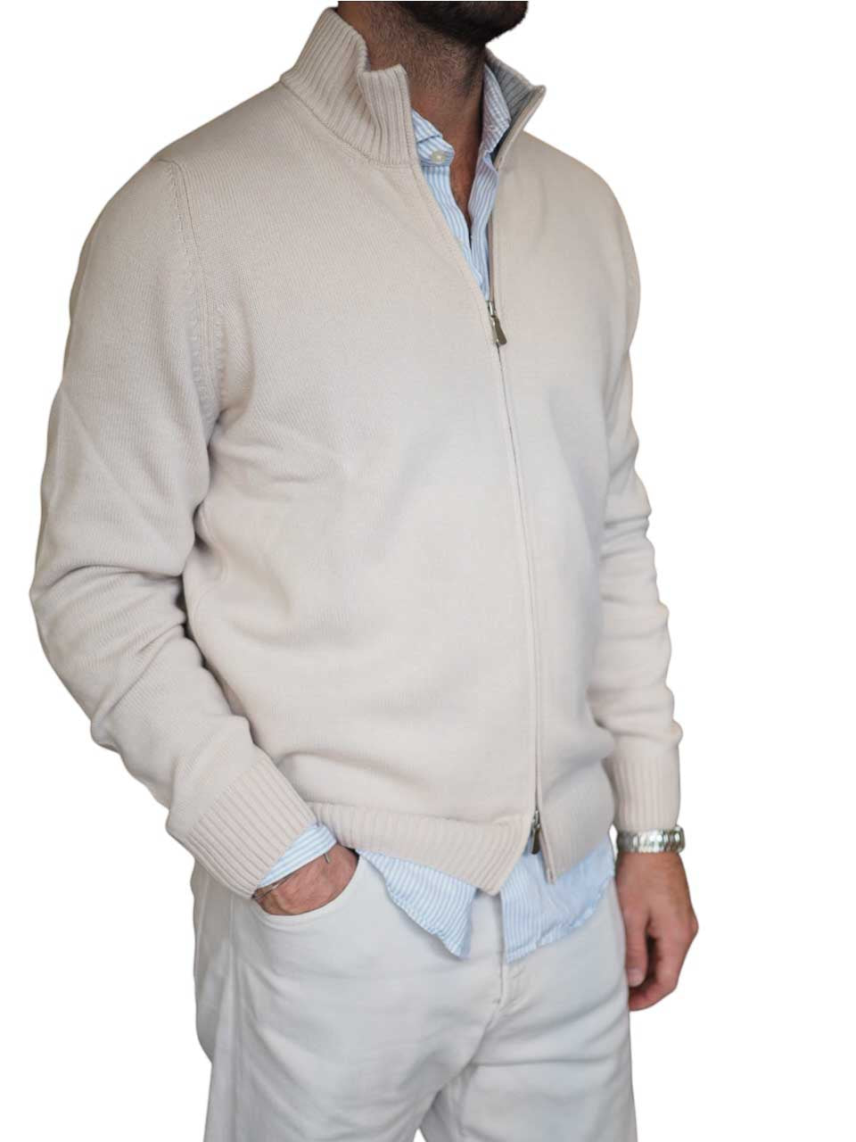 Gran Sasso Full Zip Wool Cashmere Sweater Beige