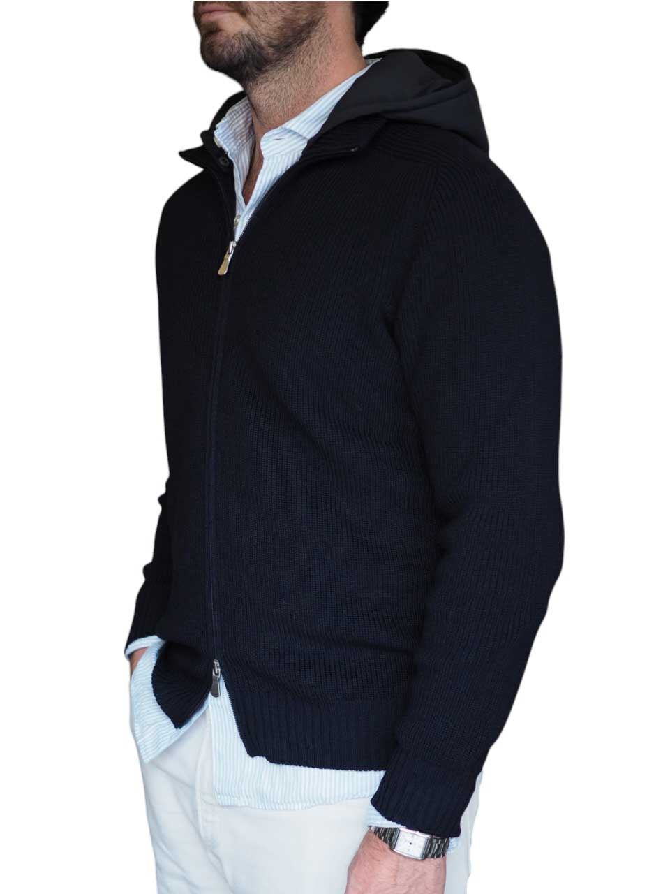 Gran Sasso Knitted Rain Wool Zip Jacket Navy