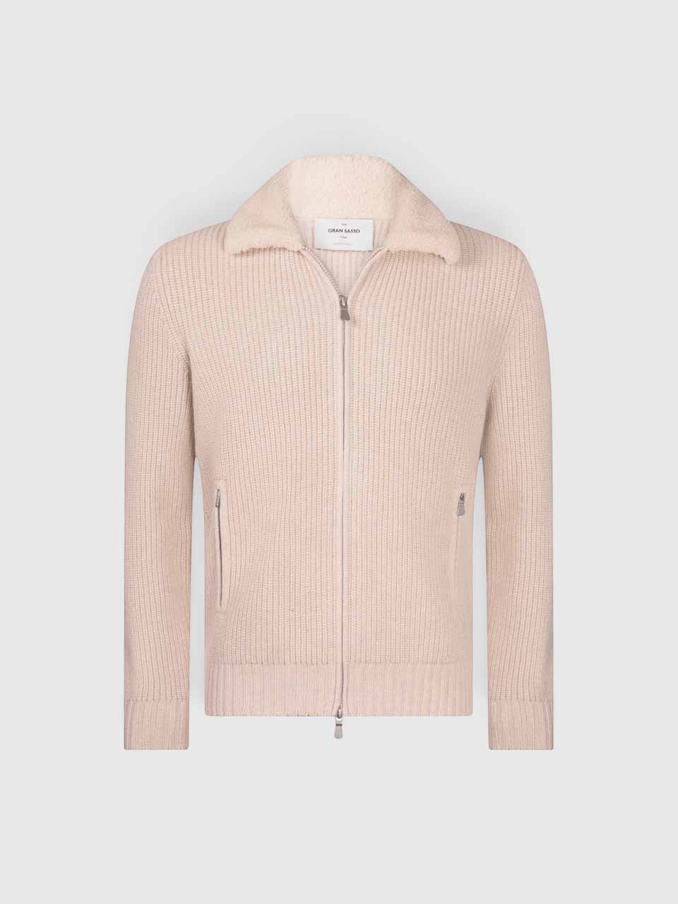 Gran Sasso Pearl Rib faux Fur Collar Zip Jacket Off White
