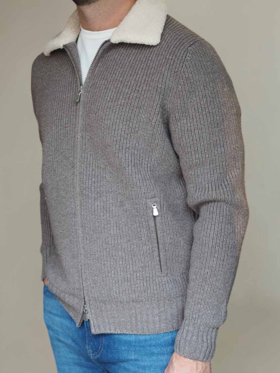 Gran Sasso Pearl Rib faux Fur Collar Zip Jacket Taupe