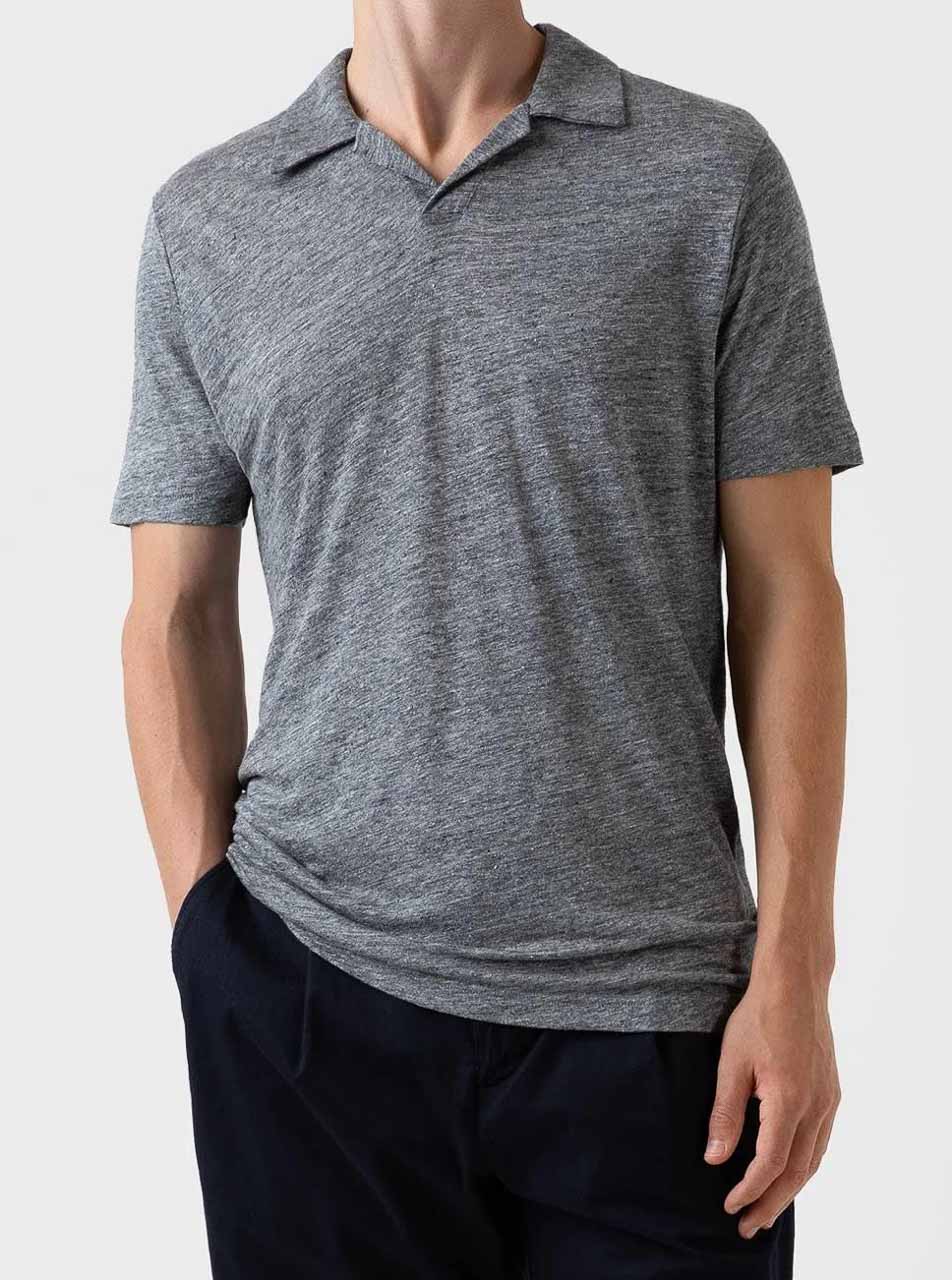 Sunspel Linen Polo Shirt Mid Grey
