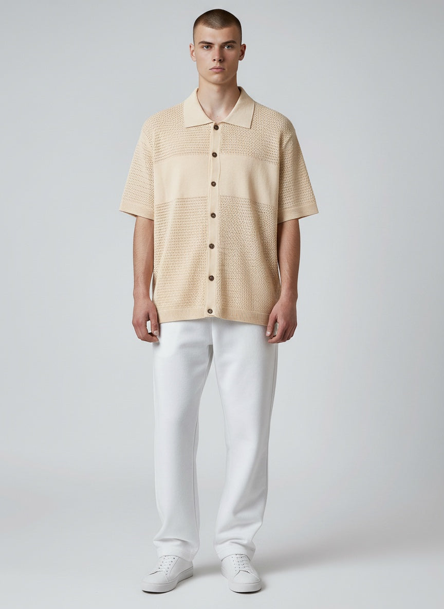 Universal Works S/S Knit Shirt in Ecru Open Knit