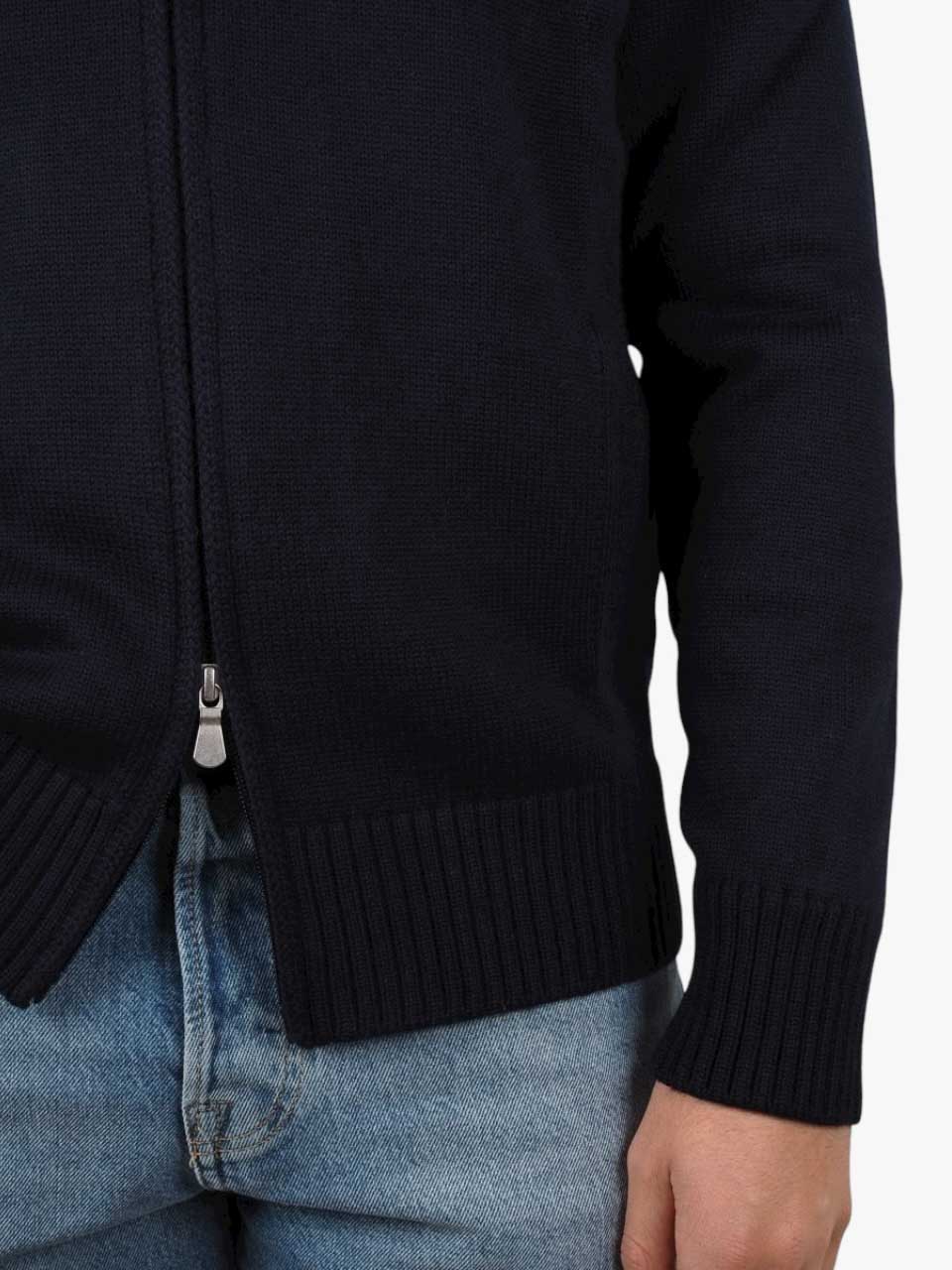 Heavy Knitted Merino Wool Full Zip Sweater Navy