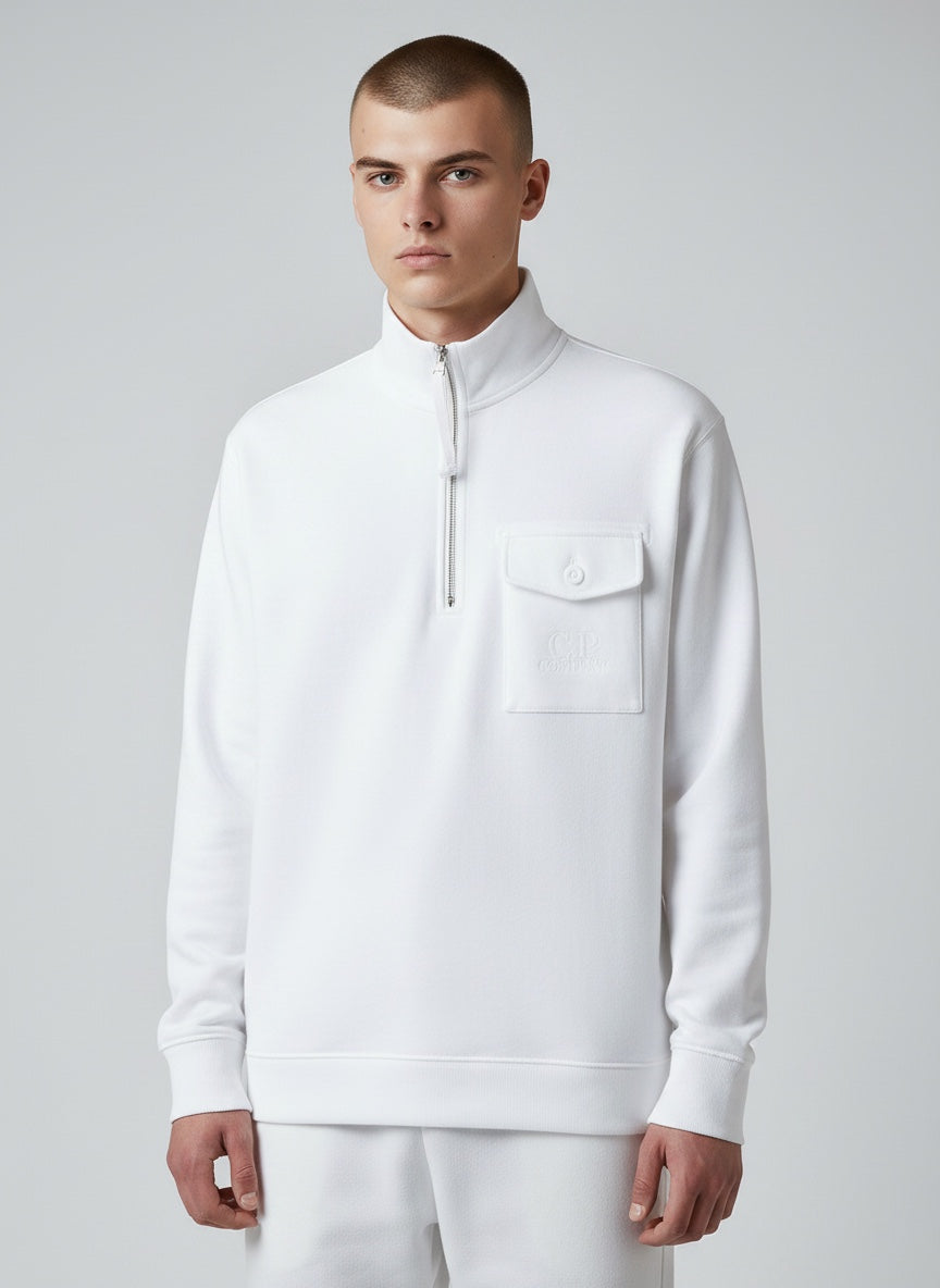 Half Zip Sweater Diagonal Raised Fleece White