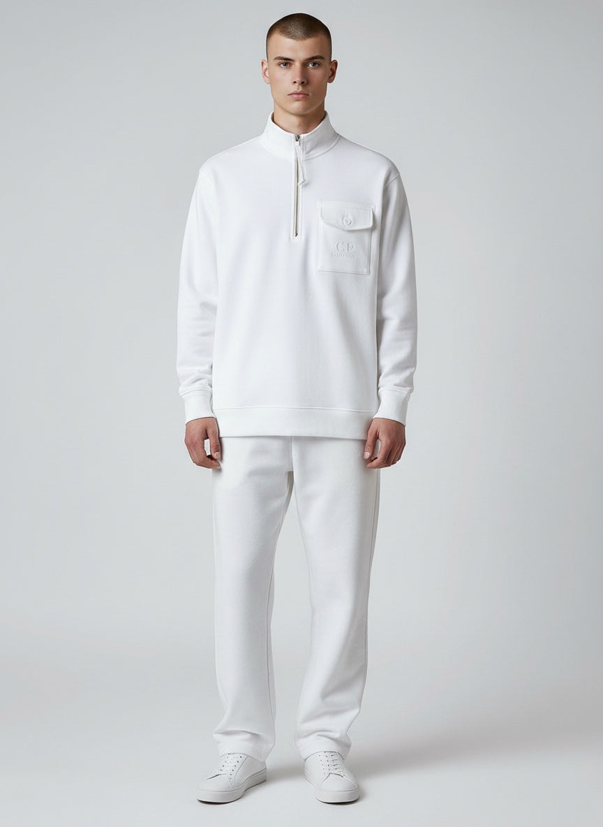 Half Zip Sweater Diagonal Raised Fleece White
