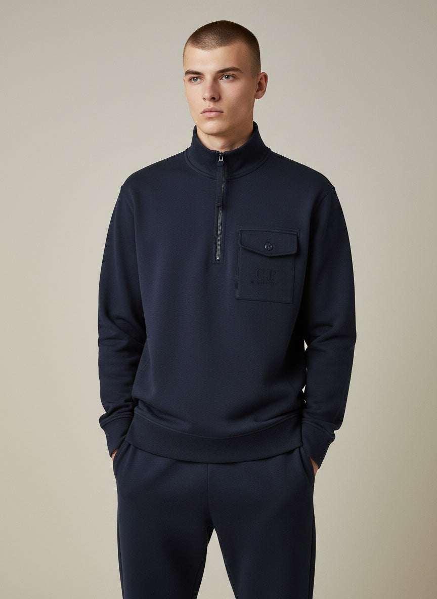 Halv Zip Sweater Diagonal Raised Fleece Navy