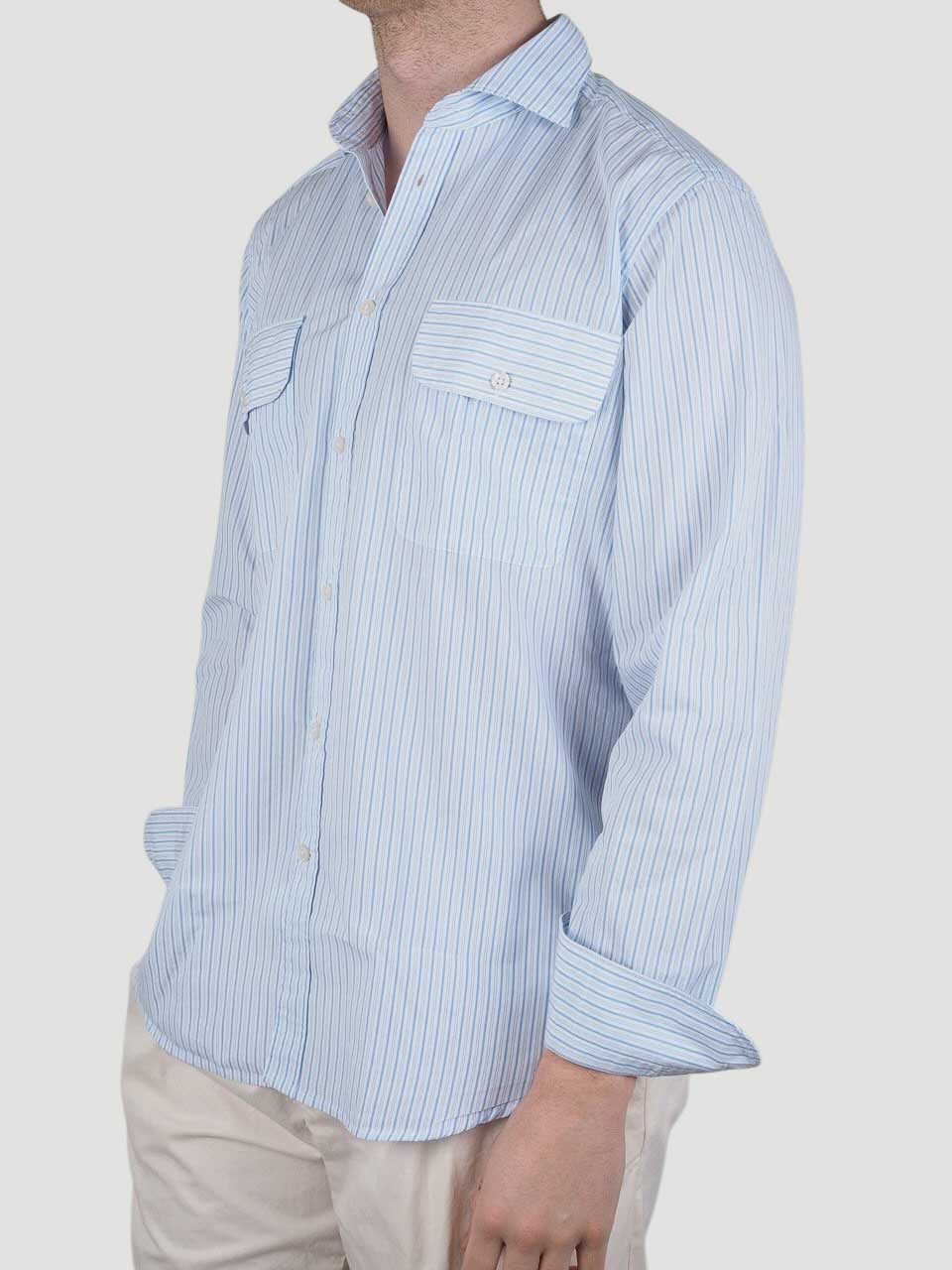 Washed Striped Cotton Chest Pockets Shirt Navy/White