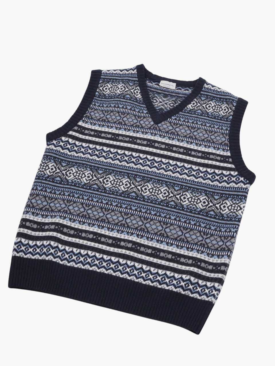 Morgano Knitted Checked Wool Vest Navy