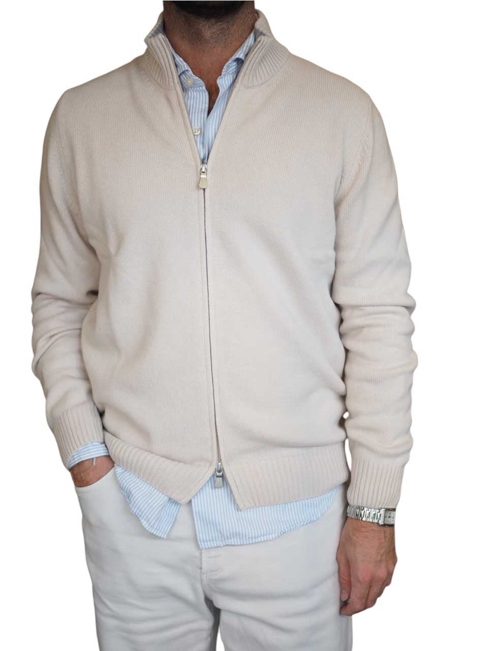 Gran Sasso Full Zip Wool Cashmere Sweater Beige
