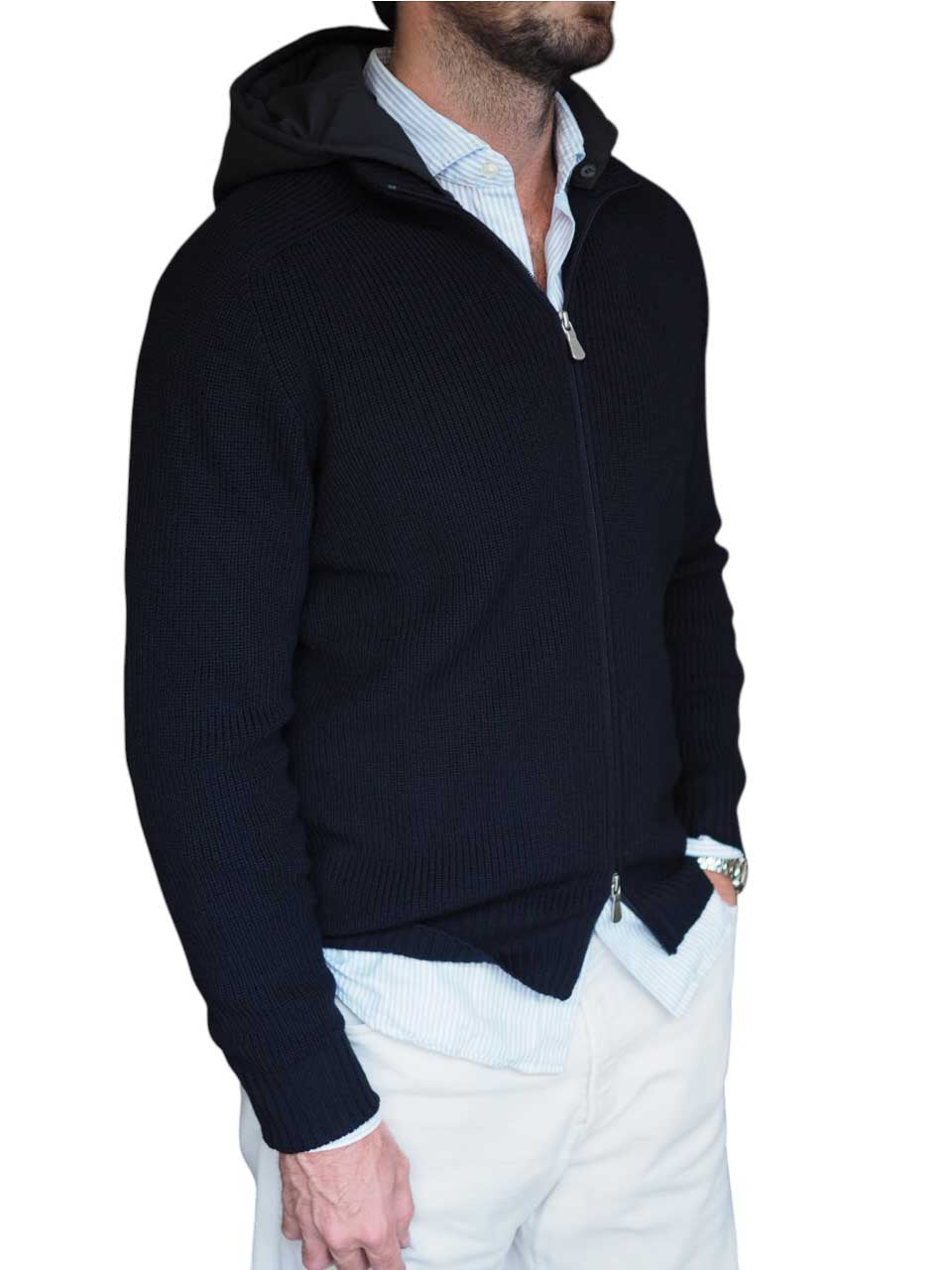Gran Sasso Knitted Rain Wool Zip Jacket Navy