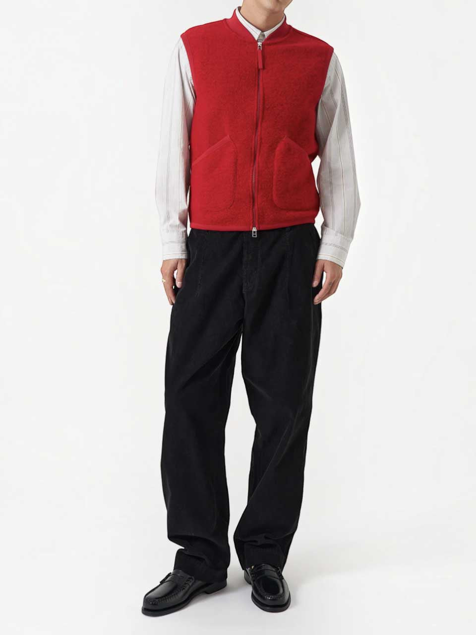 Universal Works Scarlet Wool Fleece Zip Waistcoat Red