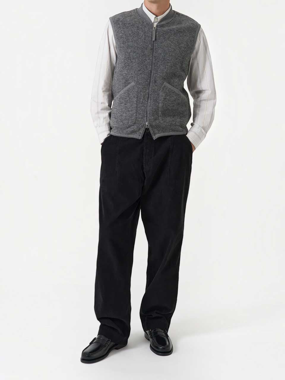 Universal Works Scarlet Wool Fleece Zip Waistcoat Grey