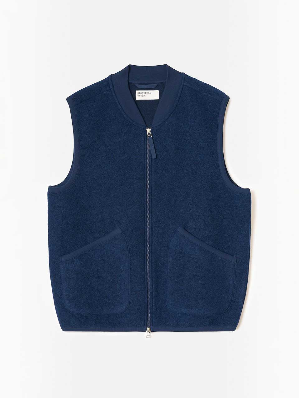 Universal Works Scarlet Wool Fleece Zip Waistcoat Indigo