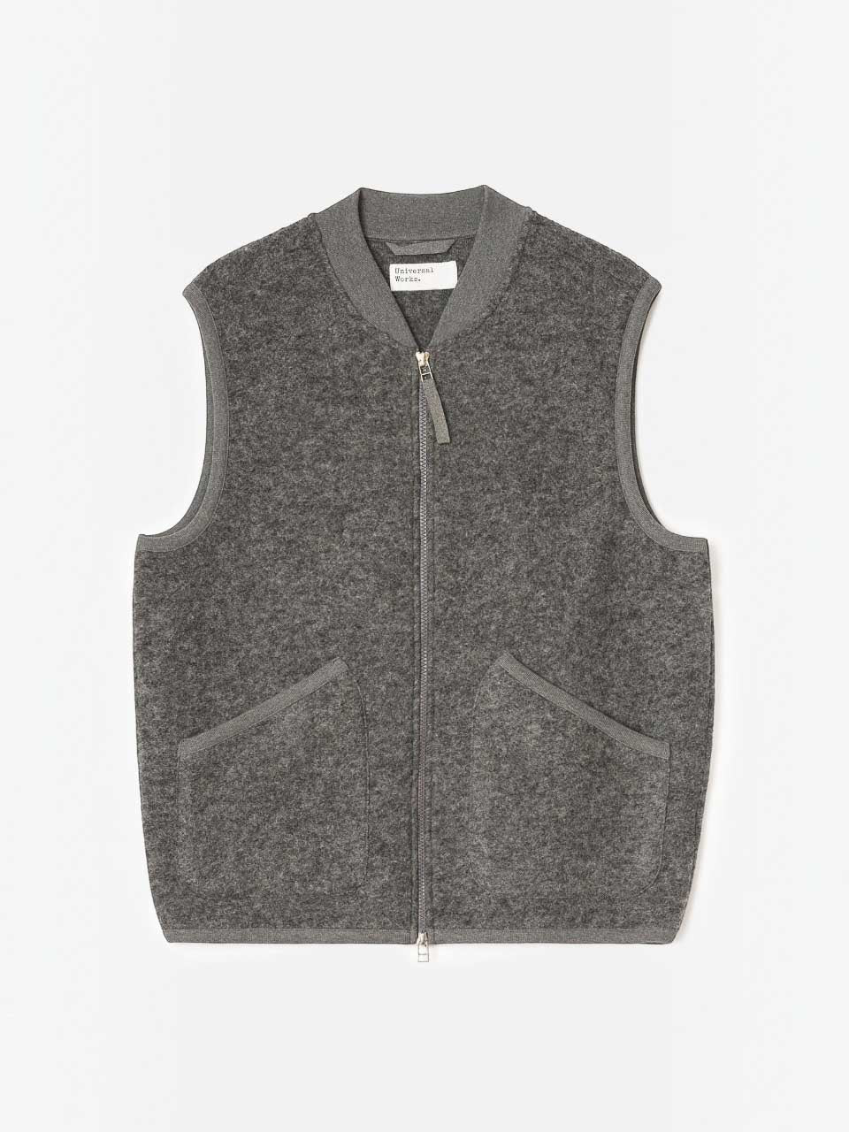 Universal Works Scarlet Wool Fleece Zip Waistcoat Grey