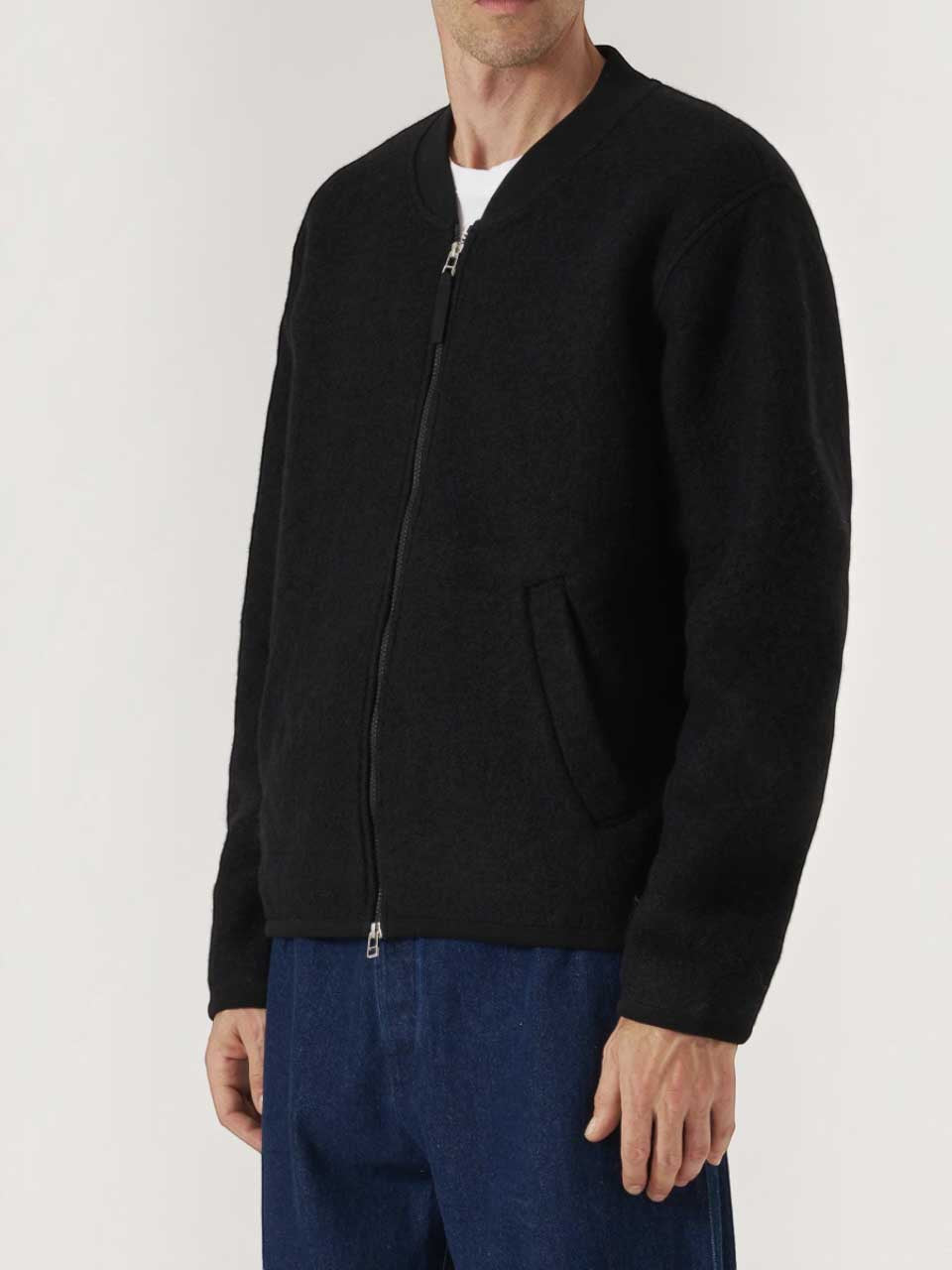 Universal Works Wool Fleece Zip Bomber Jacket Black