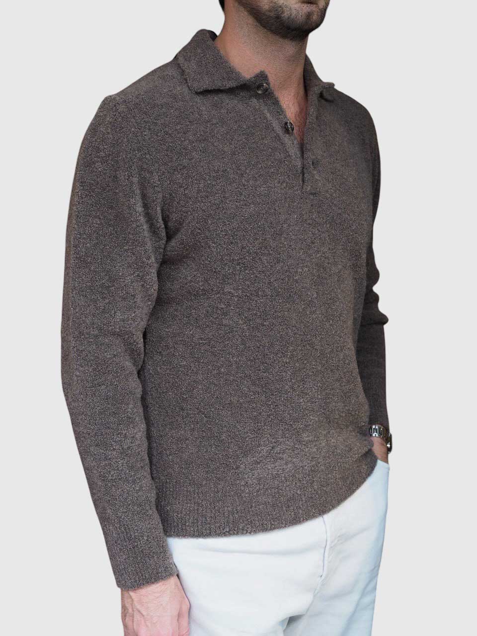 Morgano Knitted Long Sleeve Polo Brown