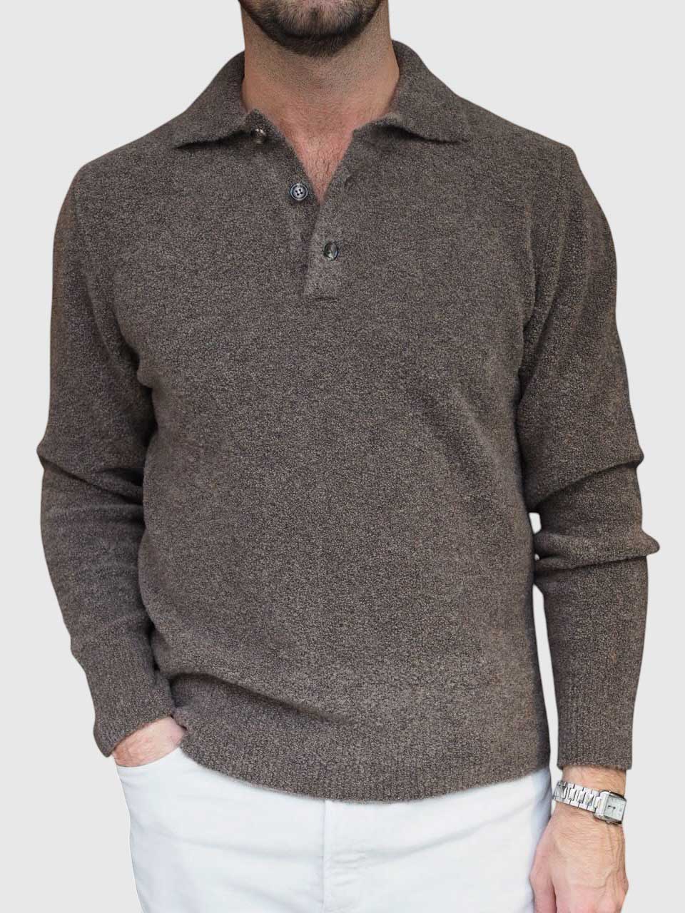 Morgano Knitted Long Sleeve Polo Brown
