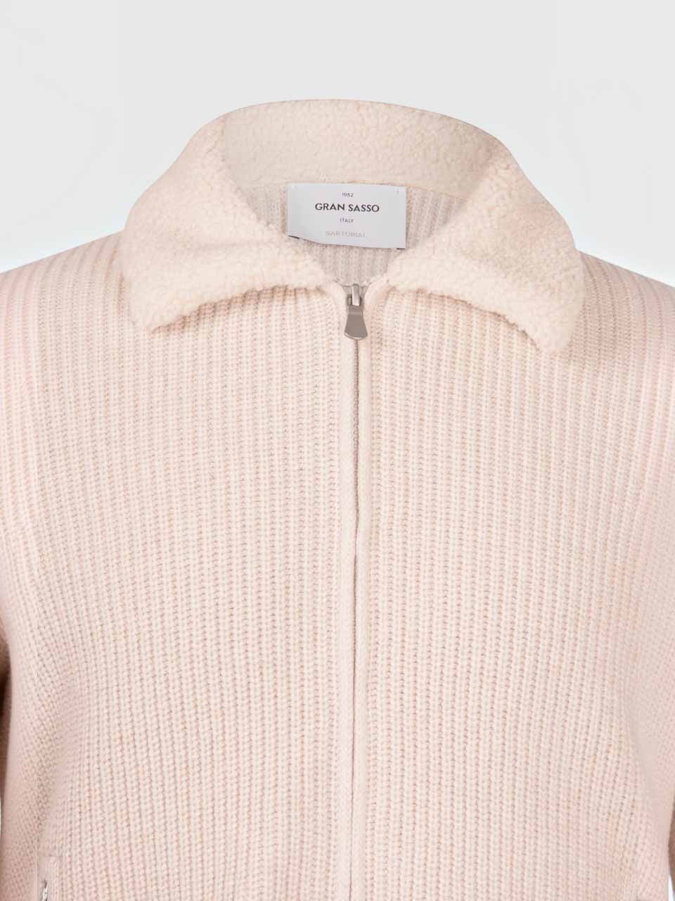 Gran Sasso Pearl Rib faux Fur Collar Zip Jacket Off White