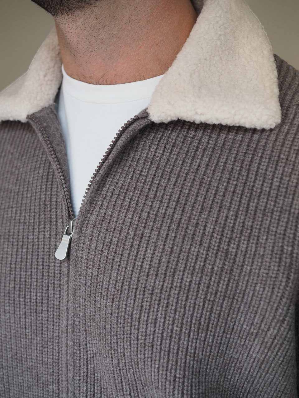 Gran Sasso Pearl Rib faux Fur Collar Zip Jacket Taupe