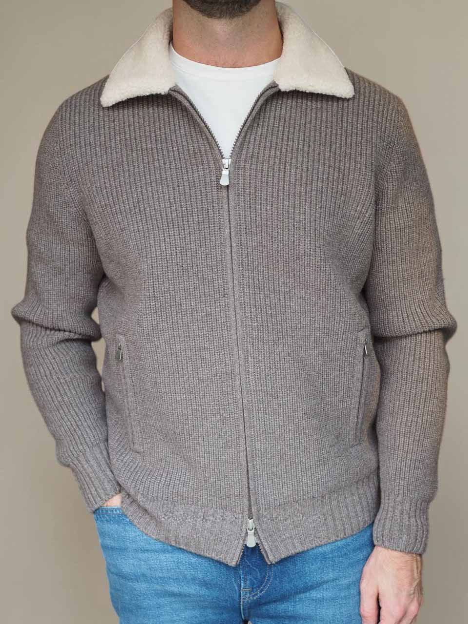 Gran Sasso Pearl Rib faux Fur Collar Zip Jacket Taupe