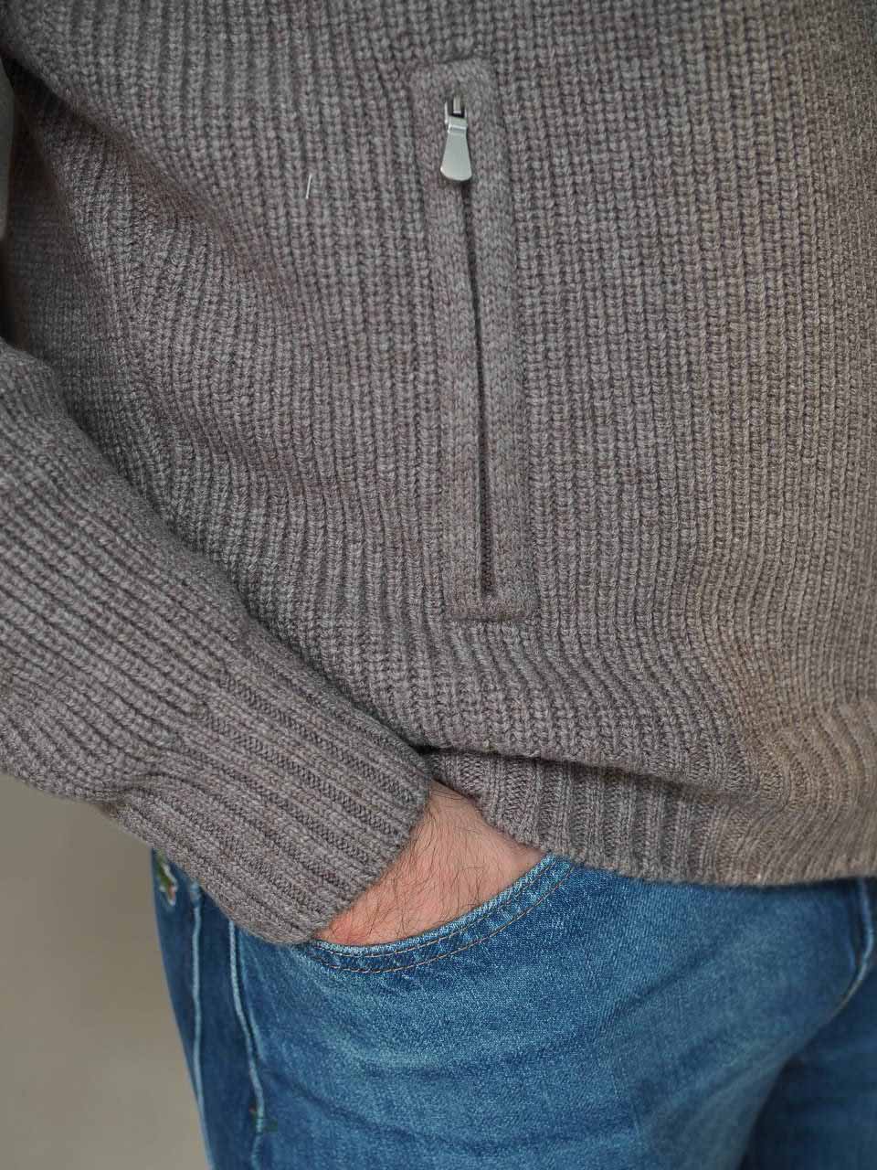 Gran Sasso Pearl Rib faux Fur Collar Zip Jacket Taupe