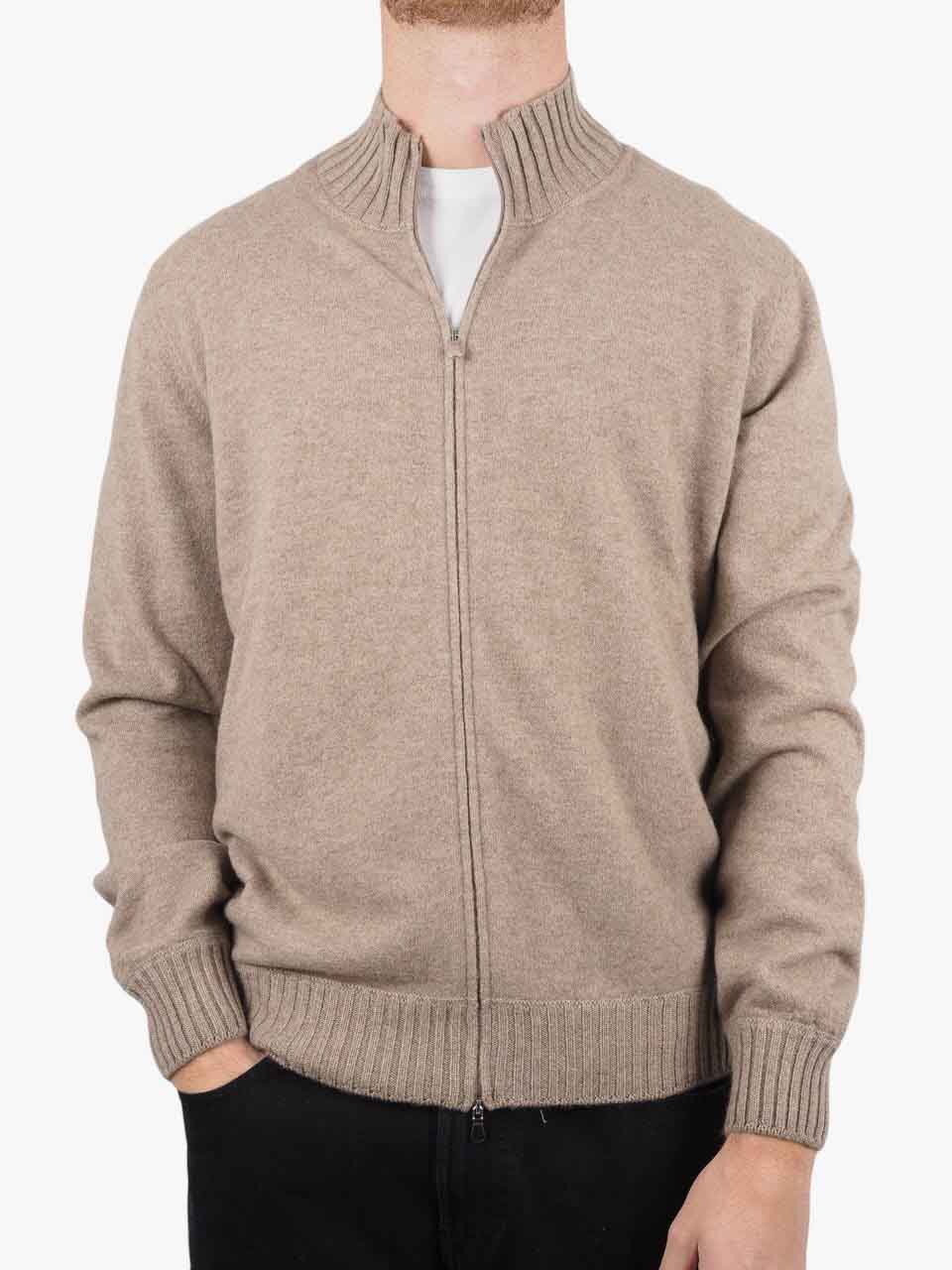 Felted Cashmere Full Zip Sweater Beige