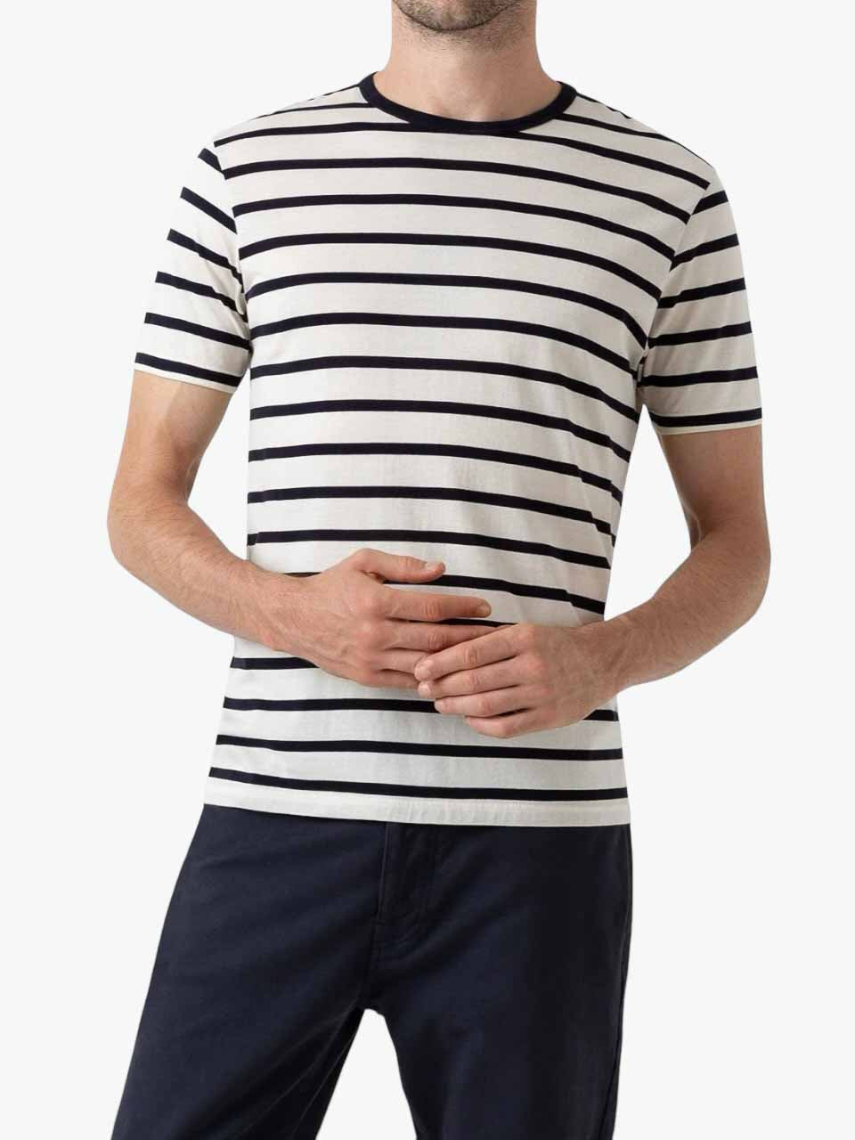 Sunspel Striped Crew Neck Cotton T-Shirt Navy White