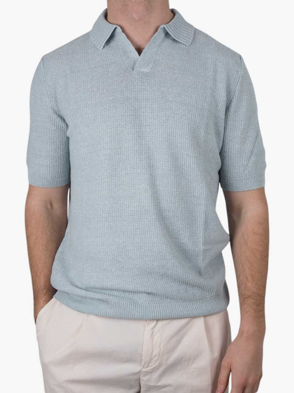 Linen Cotton Knitted Polo Light Blue
