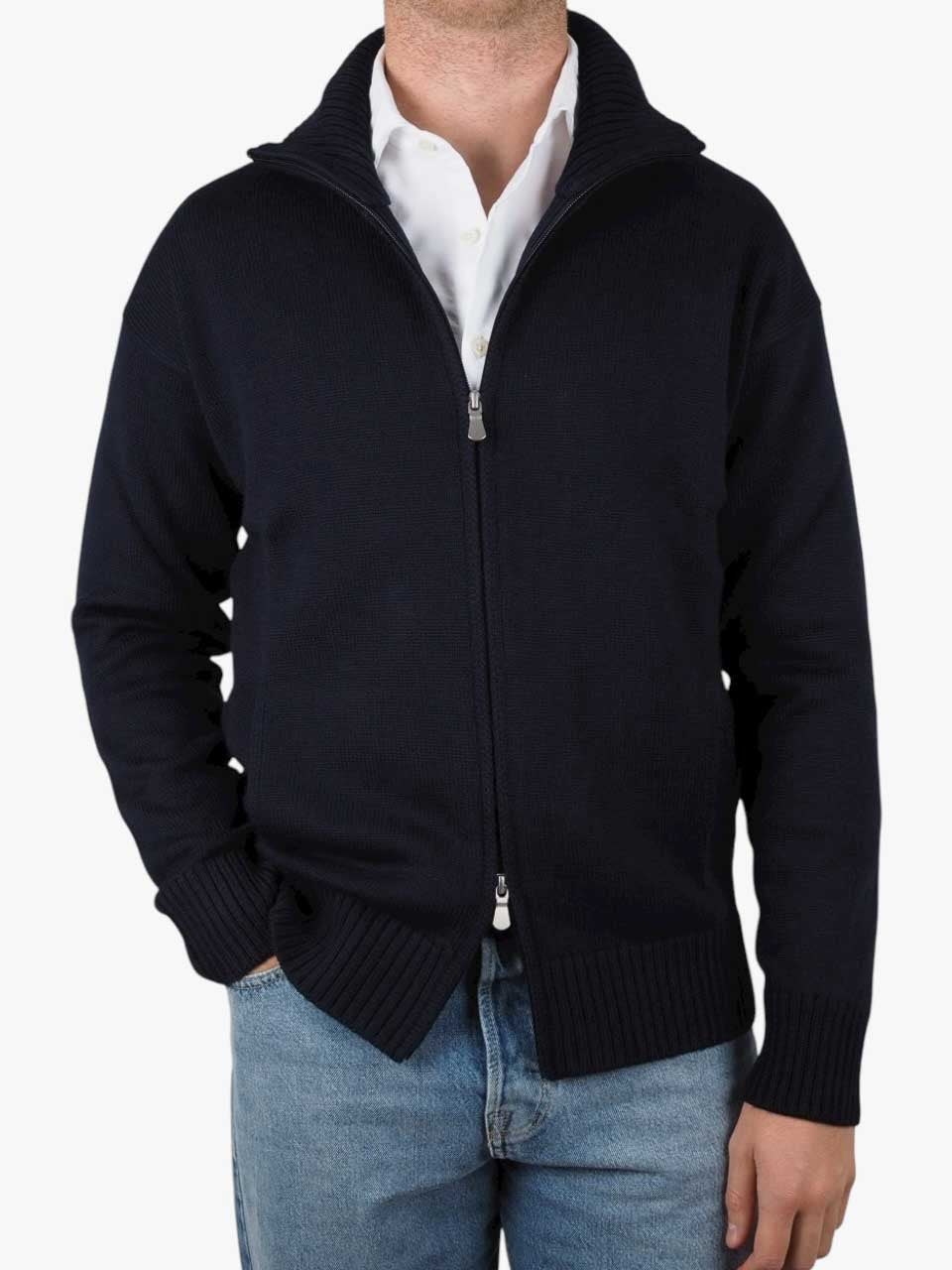 Heavy Knitted Merino Wool Full Zip Sweater Navy
