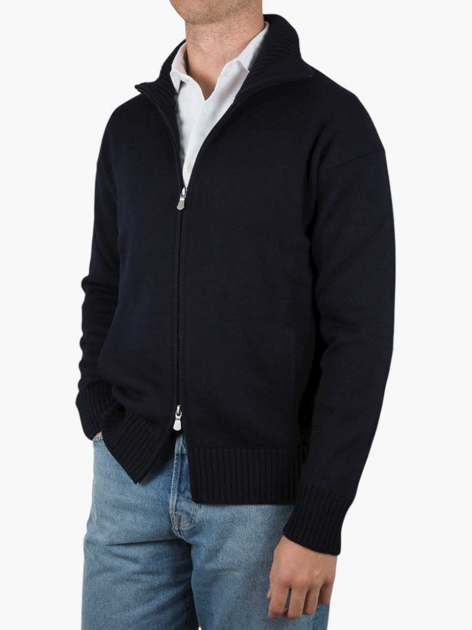 Heavy Knitted Merino Wool Full Zip Sweater Navy