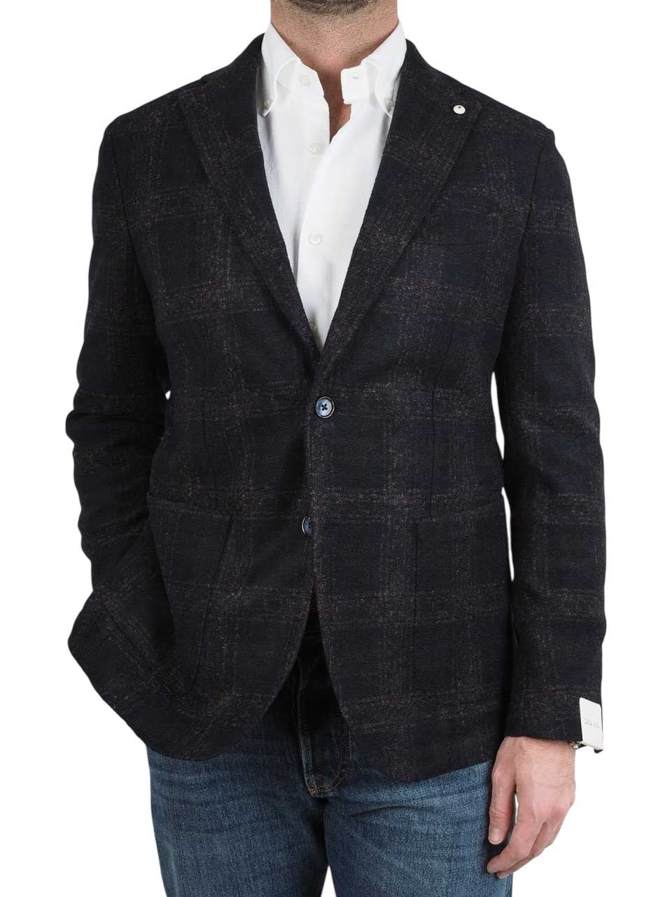 Checked Knitted Wool Jacket Navy/Brown