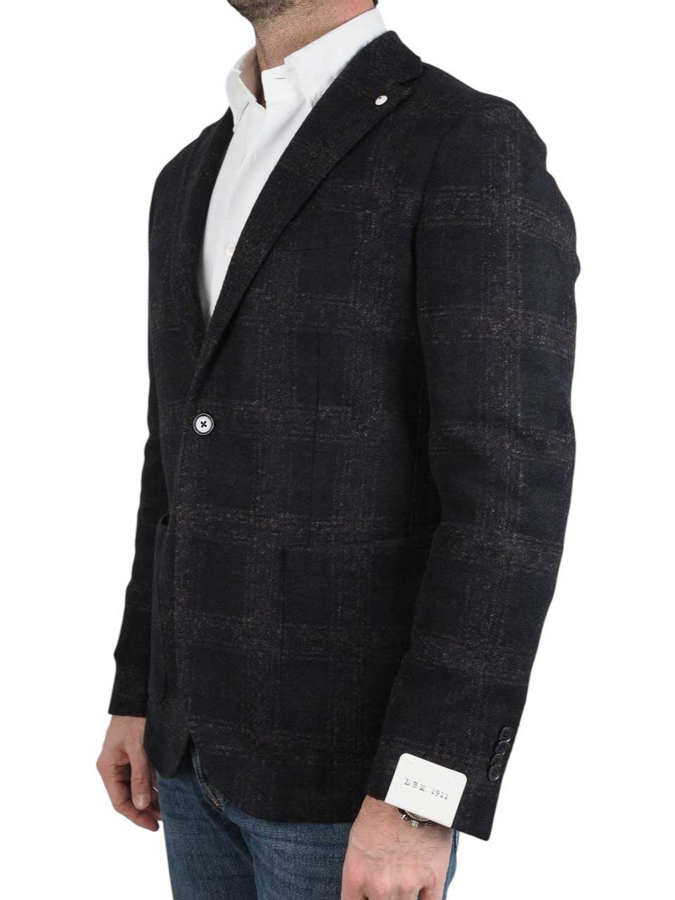 Checked Knitted Wool Jacket Navy/Brown